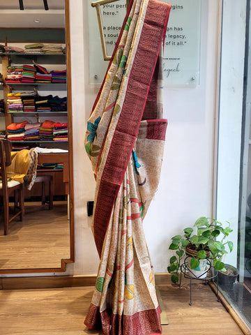 Beige Pure Tussar with Hand Embroidery