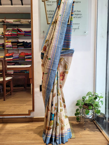 Biege2 Pure Tussar Saree with Hand Embroidery